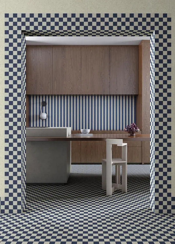 Cocina con azulejos efecto hidráulico, colección Surf de Vives