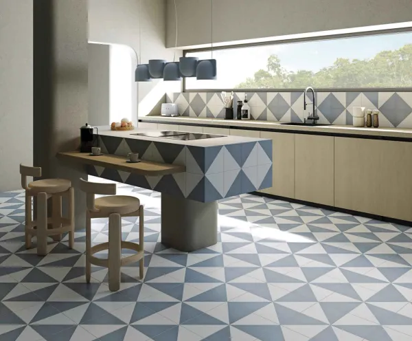 Cocina con azulejos efecto hidráulico, colección Svenska de Vives