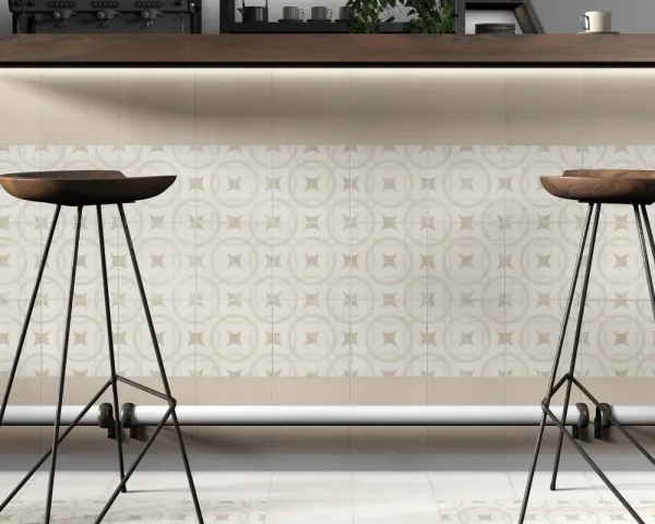 Cocina con azulejos efecto hidráulico, colección Valencia de Dune