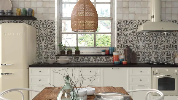 Cocina con azulejos efecto hidráulico, colección Village de Ape