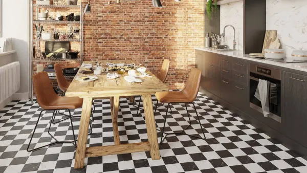 Cocina con azulejos efecto hidráulico en tonos cálidos, colección Windsor de Pissano