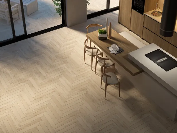 Cocina con azulejos efecto madera en tonos cálidos, colección Michigan de Durstone