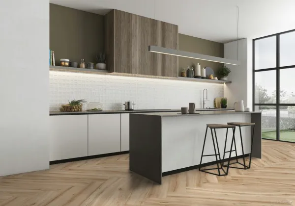 Cocina con azulejos efecto madera en tonos neutros, colección Milena de Argenta