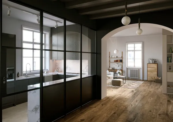 Cocina con azulejos efecto madera en tonos neutros, colección Vero de Marazzi
