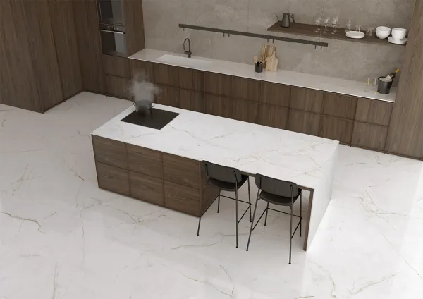 Cocina con azulejos efecto mármol, colección Dual de Museum