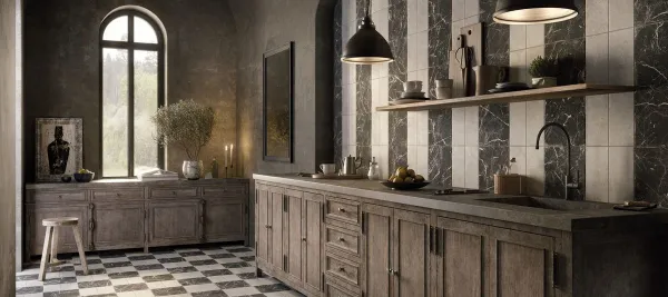 Cocina con azulejos efecto mármol, colección Fs oldtown de Peronda