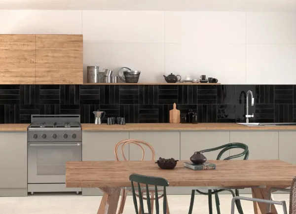 Cocina con azulejos efecto monocolor, colección Agadir de Dune