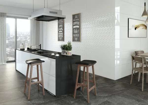 Cocina con azulejos efecto monocolor en tonos neutros, colección Andes-austral de Colorker