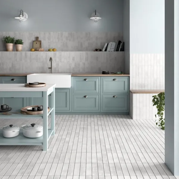 Cocina con azulejos efecto monocolor, colección Argile de Equipe