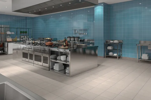 Cocina con azulejos efecto monocolor en tonos fríos, colección Arquitectos de Cinca