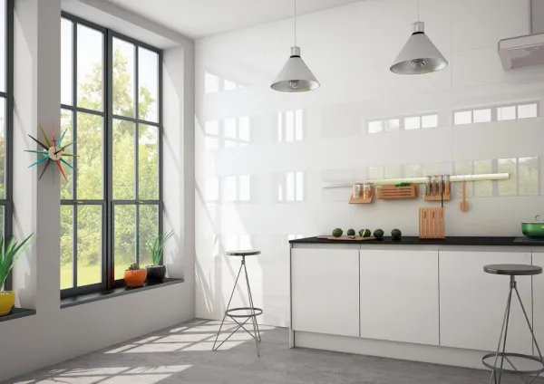 Cocina con azulejos efecto monocolor en tonos neutros, colección Bianchi de TAU ceràmica