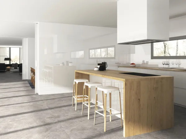 Cocina con azulejos efecto monocolor en tonos neutros, colección Blanco de Baldocer