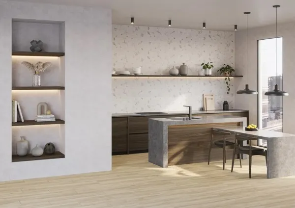 Cocina con azulejos efecto monocolor en tonos cálidos, colección Botanical de Ibero Casa Infinita
