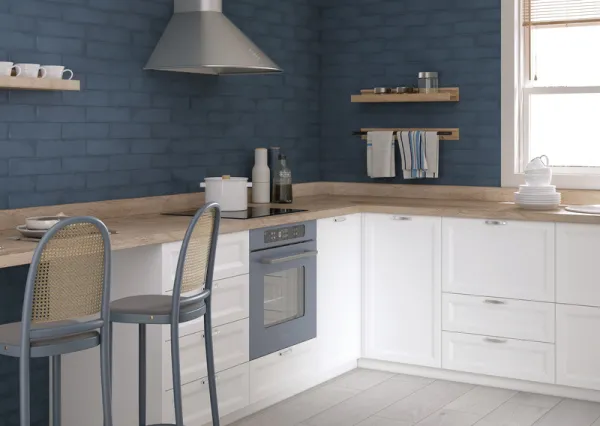 Cocina con azulejos efecto monocolor en tonos fríos, colección Colonial de Cifre