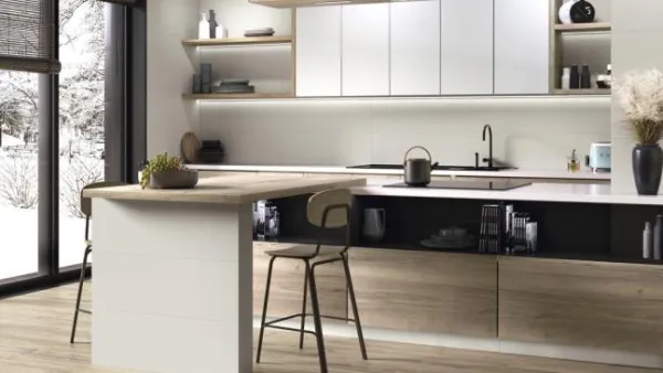 Cocina con azulejos efecto monocolor en tonos neutros, colección Colorful de Ape