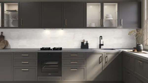 Cocina con azulejos efecto monocolor en tonos neutros, colección Contemporary de Ape