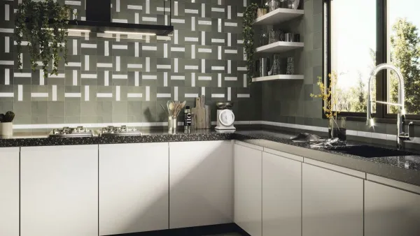 Cocina con azulejos efecto monocolor en tonos neutros, colección Contemporary de Ape