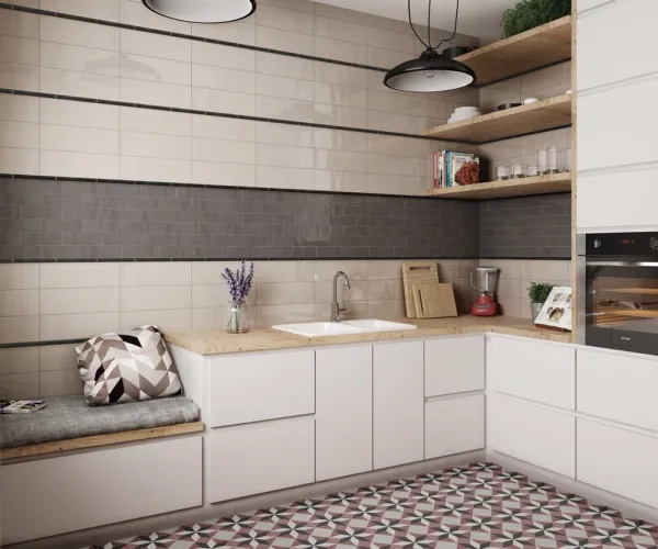 Cocina con azulejos efecto monocolor, colección Country de Equipe