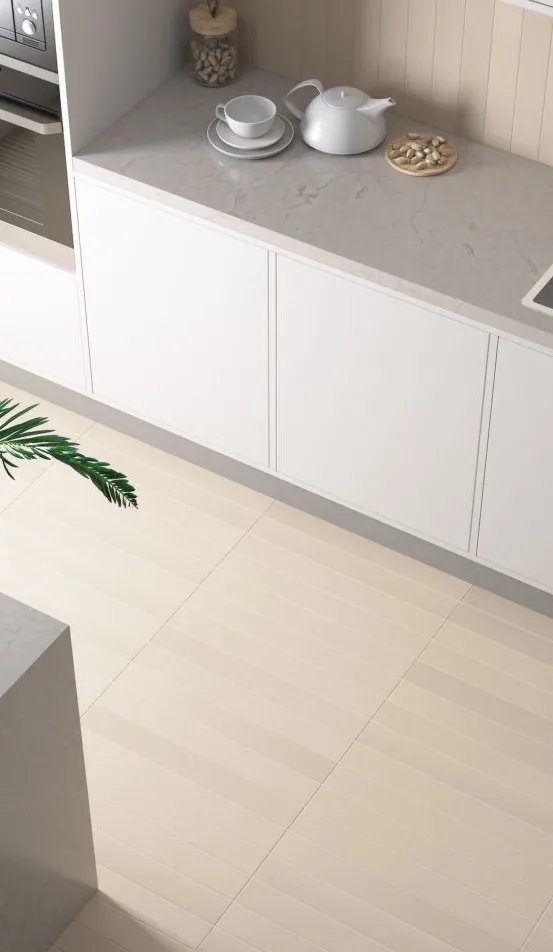 Cocina con azulejos efecto monocolor en tonos cálidos, colección Earth de Equipe