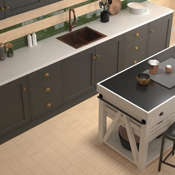 Cocina con azulejos efecto monocolor en tonos cálidos, colección Fango de Equipe