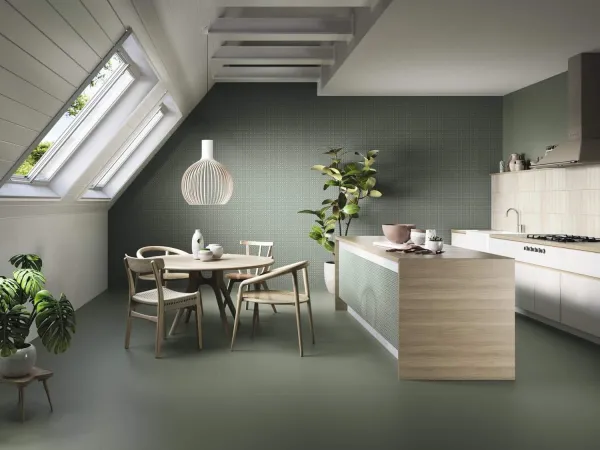 Cocina con azulejos efecto monocolor, colección Four seasons de Ape