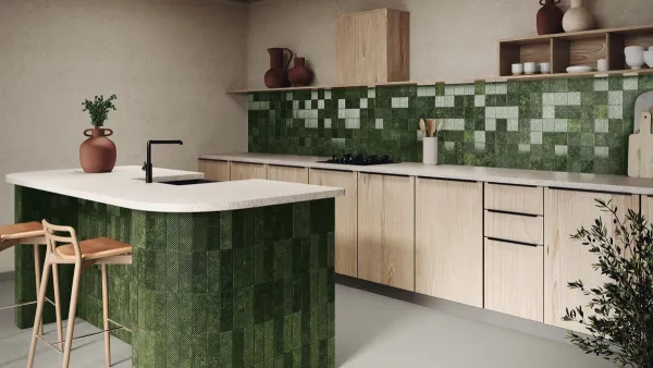 Cocina con azulejos efecto monocolor, colección Genuine de Ape