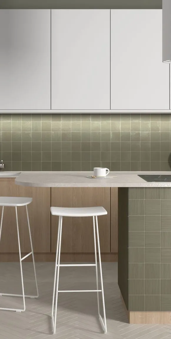 Cocina con azulejos efecto monocolor, colección Hikari de Equipe