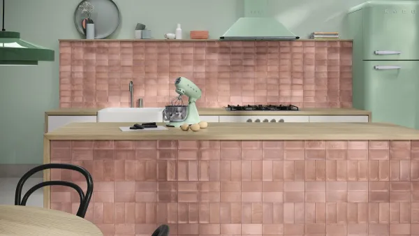 Cocina con azulejos efecto monocolor en tonos cálidos, colección Lautia de Ape