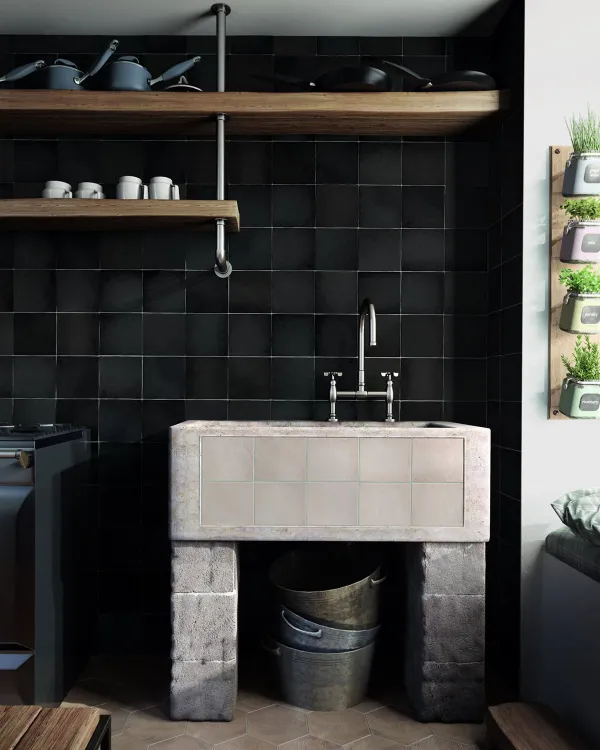 Cocina con azulejos efecto monocolor, colección Magma de Equipe