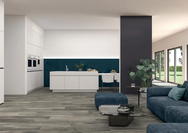Cocina con azulejos efecto monocolor en tonos neutros, colección Maiolica de TAU ceràmica
