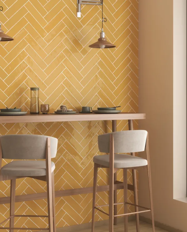 Cocina con azulejos efecto monocolor en tonos cálidos, colección Meknes de Dune