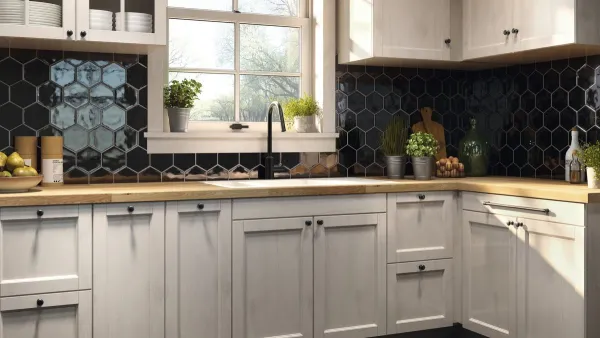 Cocina con azulejos efecto monocolor, colección Memories de Ape