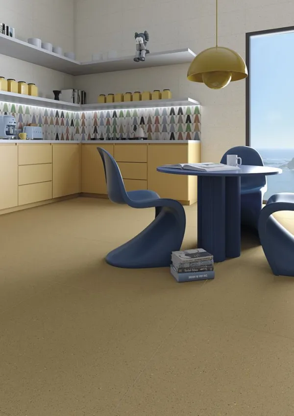 Cocina con azulejos efecto monocolor en tonos cálidos, colección Micra de Vives