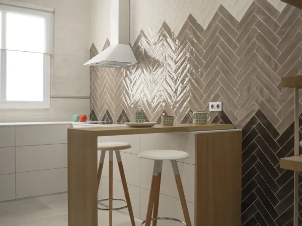Cocina con azulejos efecto monocolor en tonos cálidos, colección Opal de Cifre