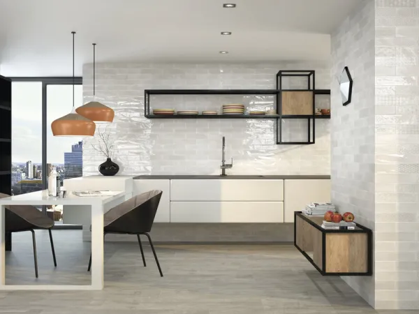 Cocina con azulejos efecto monocolor en tonos neutros, colección Opal de Cifre
