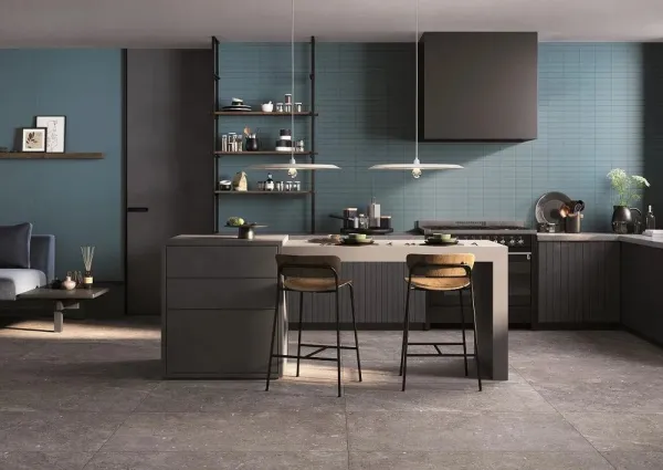 Cocina con azulejos efecto monocolor, colección Pastelli de Alfa Lux