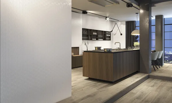 Cocina con azulejos efecto monocolor en tonos neutros, colección Pearl de Fanal