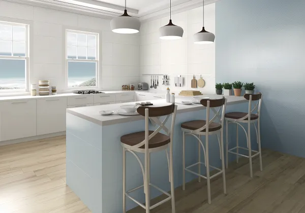 Cocina con azulejos efecto monocolor en tonos fríos, colección Pearl de Fanal