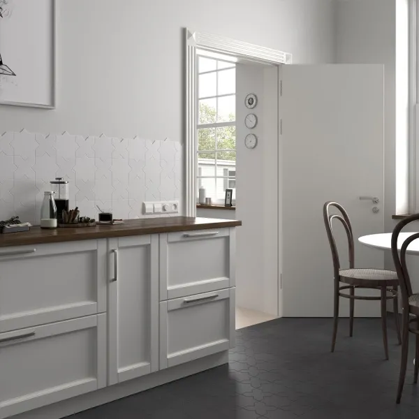 Cocina con azulejos efecto monocolor en tonos neutros, colección Porto de Equipe
