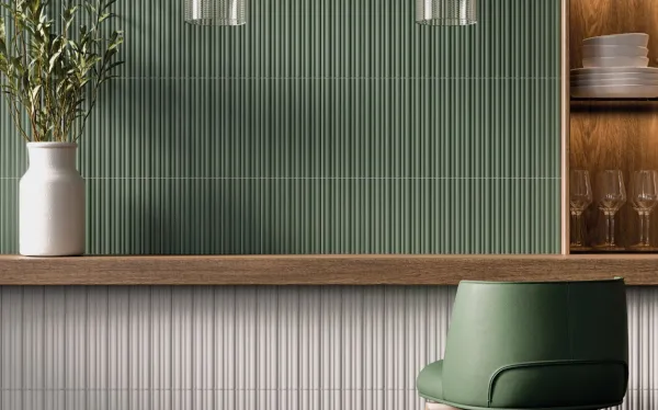 Cocina con azulejos efecto monocolor, colección Rainbow de Harmony