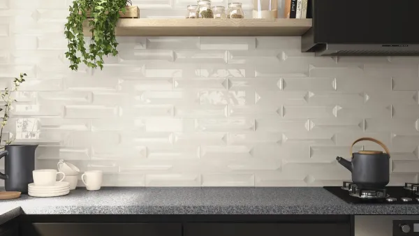 Cocina con azulejos efecto monocolor en tonos neutros, colección Reality de Ape