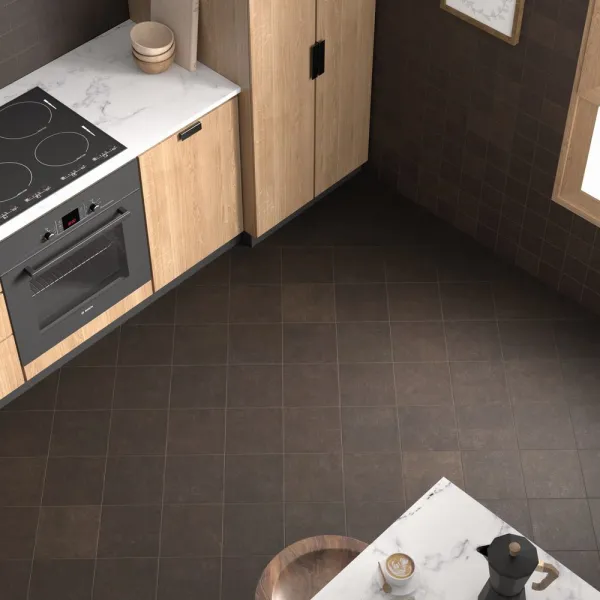 Cocina con azulejos efecto monocolor en tonos cálidos, colección Stage de Equipe
