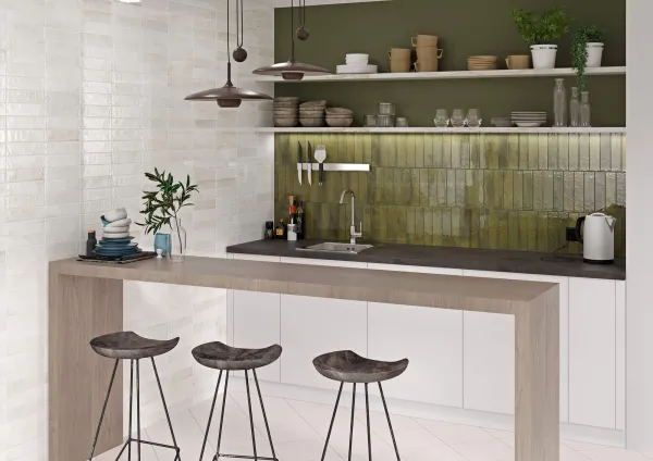 Cocina con azulejos efecto monocolor, colección Tokyo de Ribesalbes