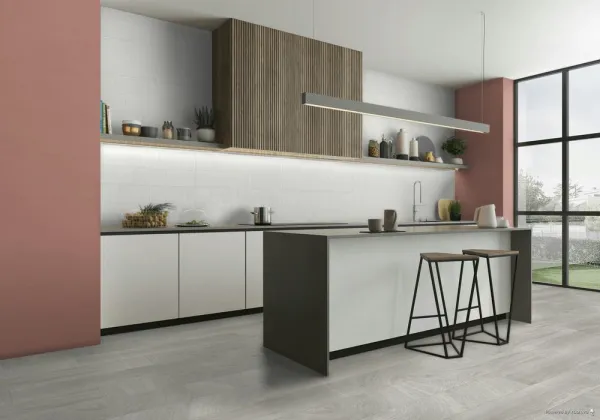 Cocina con azulejos efecto monocolor en tonos neutros, colección Vogue de Argenta