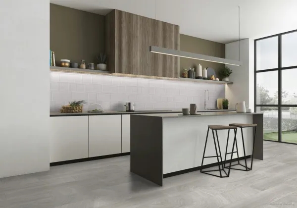 Cocina con azulejos efecto monocolor en tonos neutros, colección Vogue de Argenta