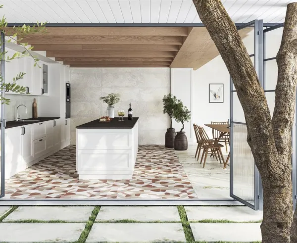 Cocina con azulejos efecto óxido, colección Flamed de Aparici