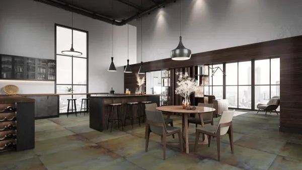 Cocina con azulejos efecto óxido en tonos neutros, colección Lamiere de Apavisa