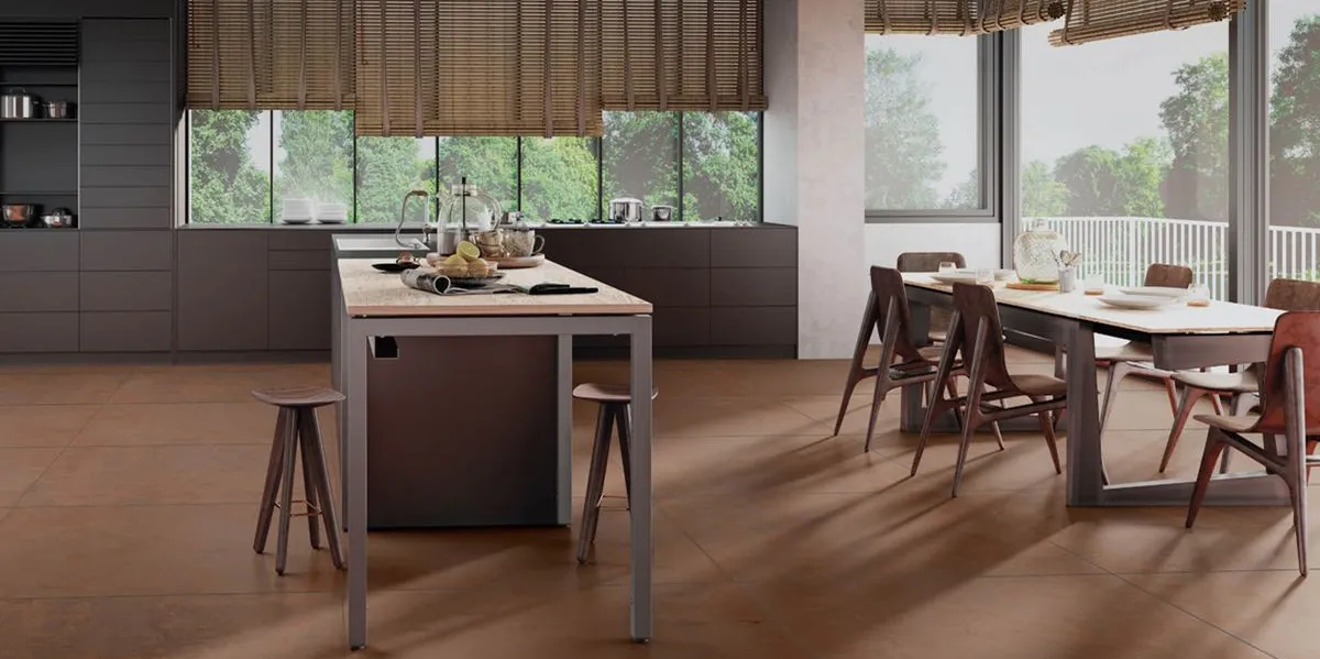 Cocina con azulejos efecto óxido en tonos cálidos, colección Zinc de Apavisa