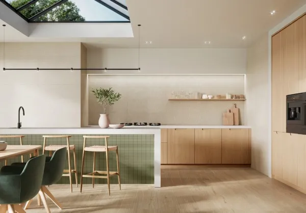 Cocina con azulejos efecto piedra en tonos cálidos, colección Amelie de TAU ceràmica