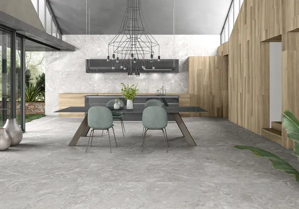 Cocina con azulejos efecto piedra en tonos neutros, colección Belcastel de TAU ceràmica